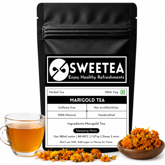 Marigold Flower Tea featuring premium dried marigold blossoms and a freshly brewed floral herbal infusion.
