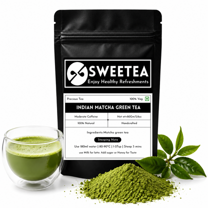 Black package of Sweetea Indian Matcha Green Tea with a glass of tea and tea leaves on a white background