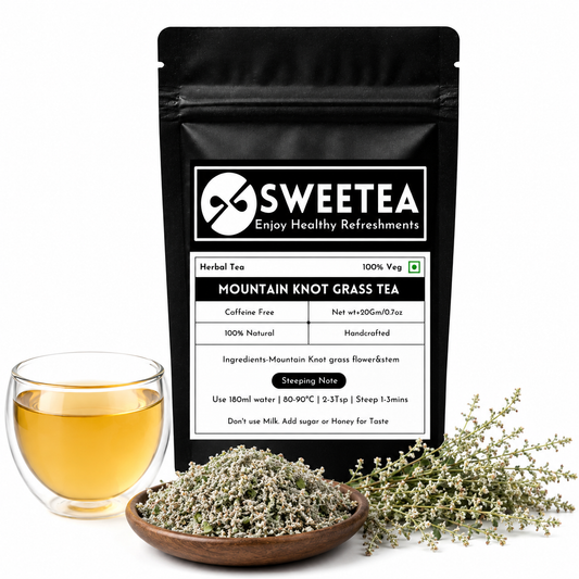 Mountain Knotgrass Herbal Tea with premium dried mountain knotgrass, natural wellness infusion in a transparent tea cup.