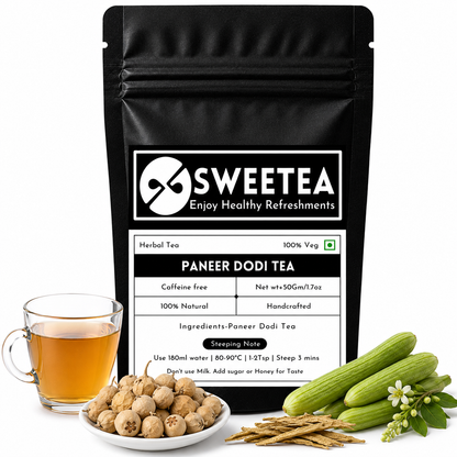 Paneer Dodi Herbal Tea featuring premium dried paneer dodi herbs and a freshly brewed natural wellness infusion.