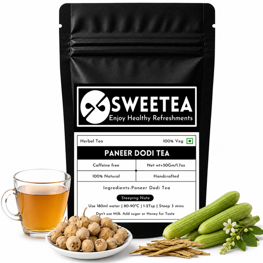 Paneer Dodi Herbal Tea featuring premium dried paneer dodi herbs and a freshly brewed natural wellness infusion.