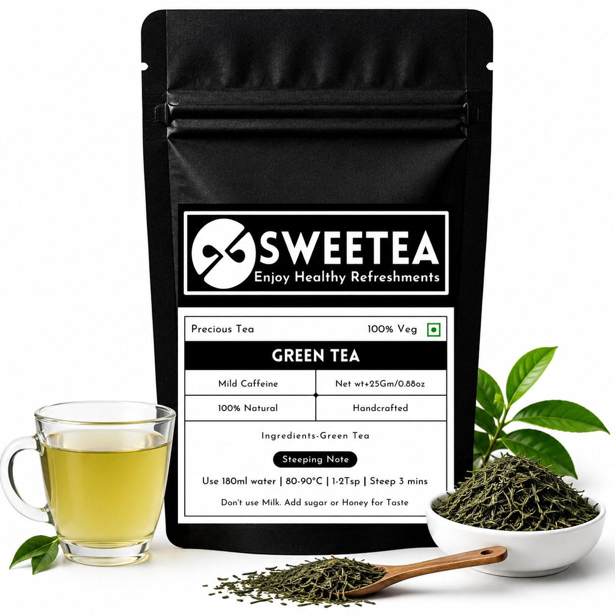Premium Precious Green Tea by Sweetea featuring pure loose leaf green tea with a fresh aroma, vibrant leaves, and naturally smooth taste.