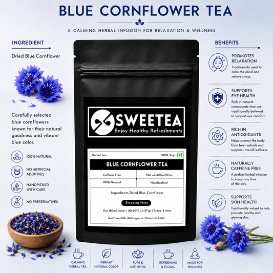 Experience calming floral wellness with Blue Cornflower Tea by Sweetea, thoughtfully crafted for relaxing tea moments and daily balance.
