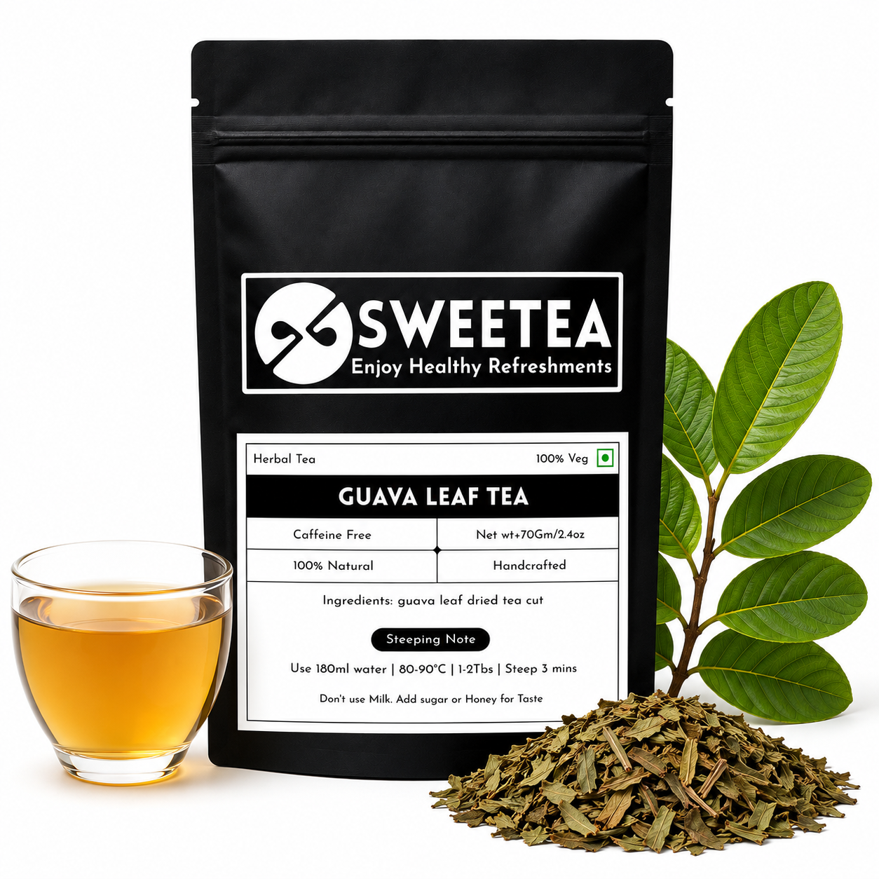 Pure Guava Leaf Tea made from premium Psidium guajava leaves. Naturally caffeine-free herbal tea packed fresh by Sweetea