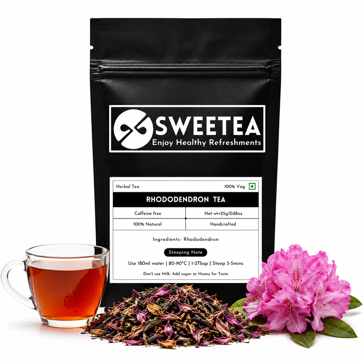 Rhododendron Herbal Tea featuring premium dried rhododendron blossoms and a freshly brewed floral tea infusion.