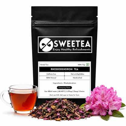 Rhododendron Herbal Tea featuring premium dried rhododendron blossoms and a freshly brewed floral tea infusion.