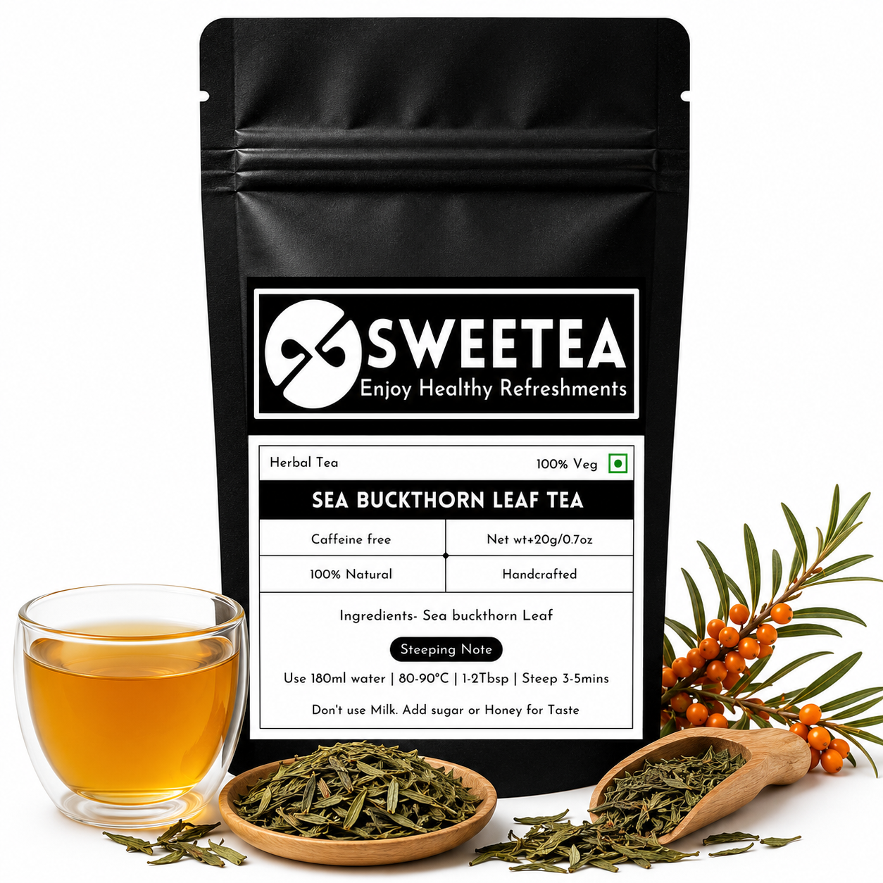 Premium Sea Buckthorn Leaf Tea by Sweetea featuring carefully selected loose sea buckthorn leaves for a naturally refreshing herbal infusion.