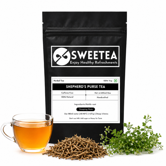 Shepherd's Purse Herbal Tea featuring premium dried Shepherd's Purse herbs and a freshly brewed natural herbal infusion.