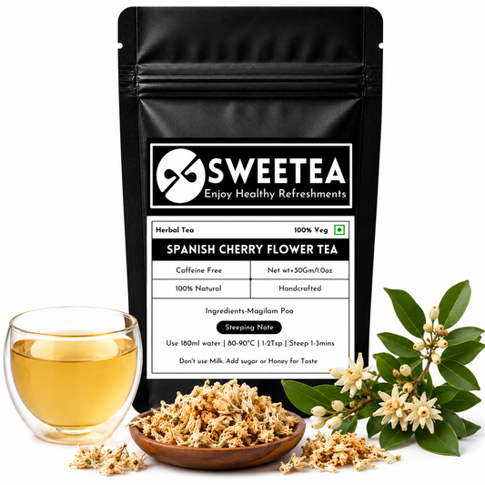 Spanish Cherry Flower Tea featuring premium dried Spanish cherry blossoms and a freshly brewed floral herbal infusion.