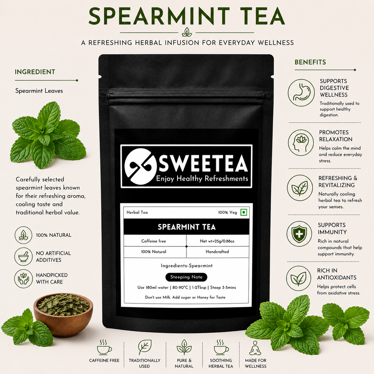 Experience cooling herbal refreshment with Spearmint Tea by Sweetea, thoughtfully crafted for relaxing tea rituals and everyday wellness routines.