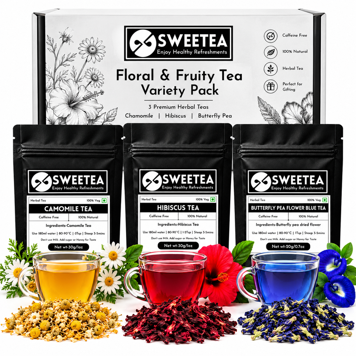 Sweetea Floral and Fruity Herbal Tea Variety Pack with chamomile tea, hibiscus tea and butterfly pea flower blue tea in black pouches with matching brewed teas and flowers.