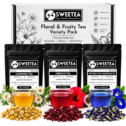 Sweetea Floral and Fruity Herbal Tea Variety Pack with chamomile tea, hibiscus tea and butterfly pea flower blue tea in black pouches with matching brewed teas and flowers.