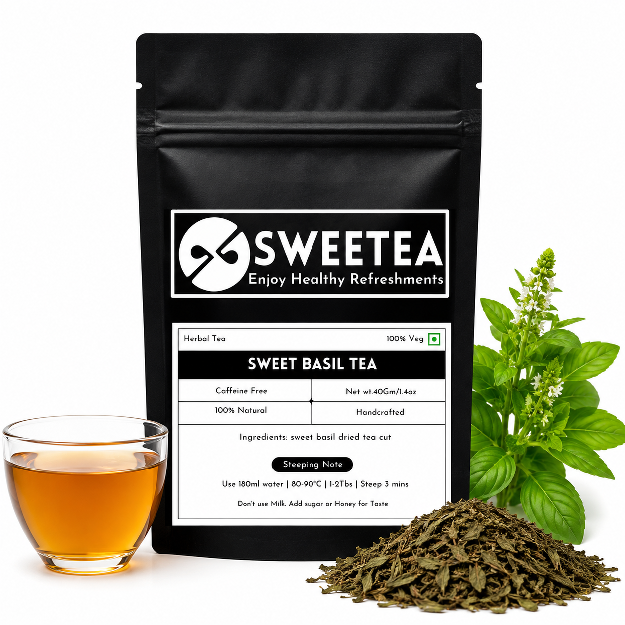 Premium Sweetea Sweet Basil Tea pouch displayed with dried sweet basil leaves and a clear cup of naturally caffeine-free herbal infusion.