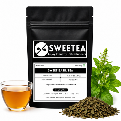 Premium Sweetea Sweet Basil Tea pouch displayed with dried sweet basil leaves and a clear cup of naturally caffeine-free herbal infusion.