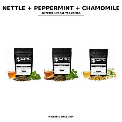 Three black pouches of Sweettea herbal tea combos (Nettle, Peppermint, Chamomile) are displayed with their respective brewed tea cups, loose herbs, and fresh ingredients on a white background with text overlays.