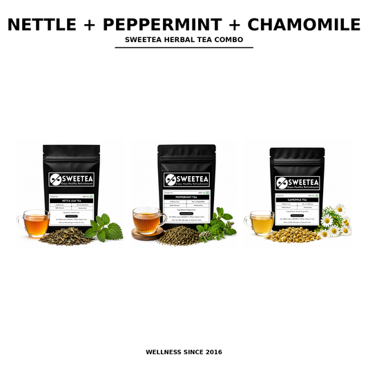 Three black pouches of Sweettea herbal tea combos (Nettle, Peppermint, Chamomile) are displayed with their respective brewed tea cups, loose herbs, and fresh ingredients on a white background with text overlays.