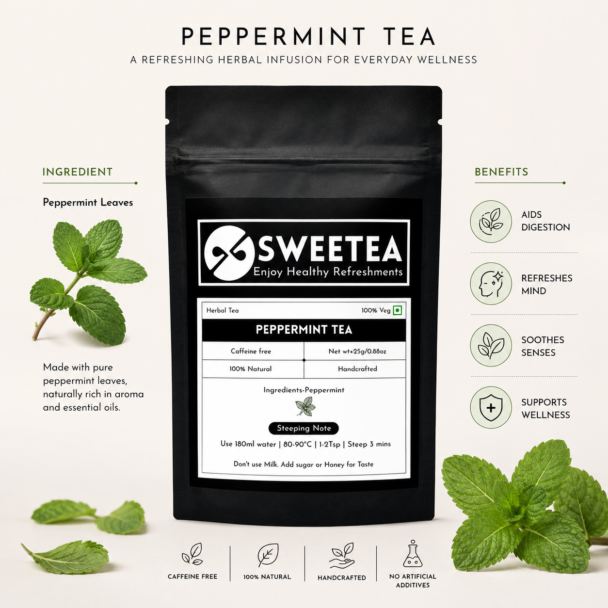 Sweetea Peppermint Tea herbal wellness product with fresh peppermint leaves, ingredient highlights, and digestive wellness benefits in minimalist black and white packaging design