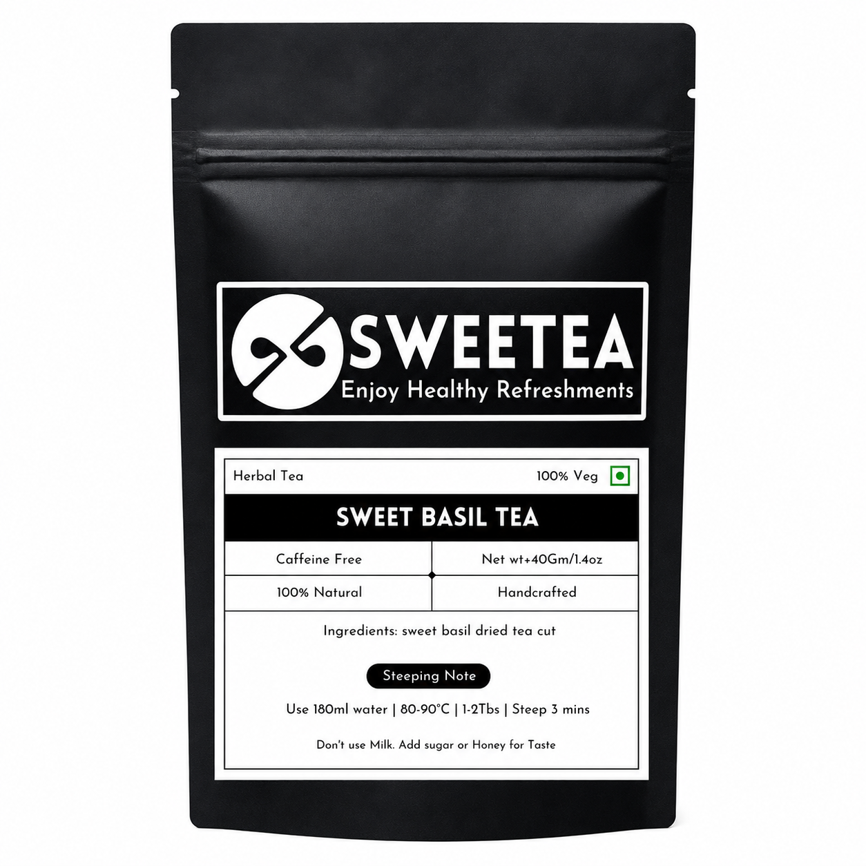 Sweetea Sweet Basil Tea with premium dried Ocimum basilicum leaves and a warm caffeine-free herbal infusion for a mindful daily wellness ritual.