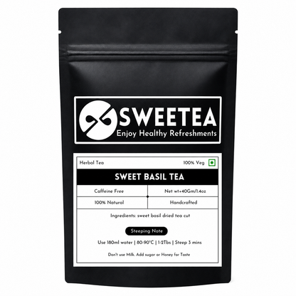 Sweetea Sweet Basil Tea with premium dried Ocimum basilicum leaves and a warm caffeine-free herbal infusion for a mindful daily wellness ritual.