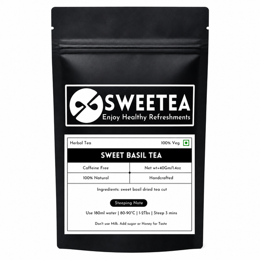 Sweetea Sweet Basil Tea with premium dried Ocimum basilicum leaves and a warm caffeine-free herbal infusion for a mindful daily wellness ritual.