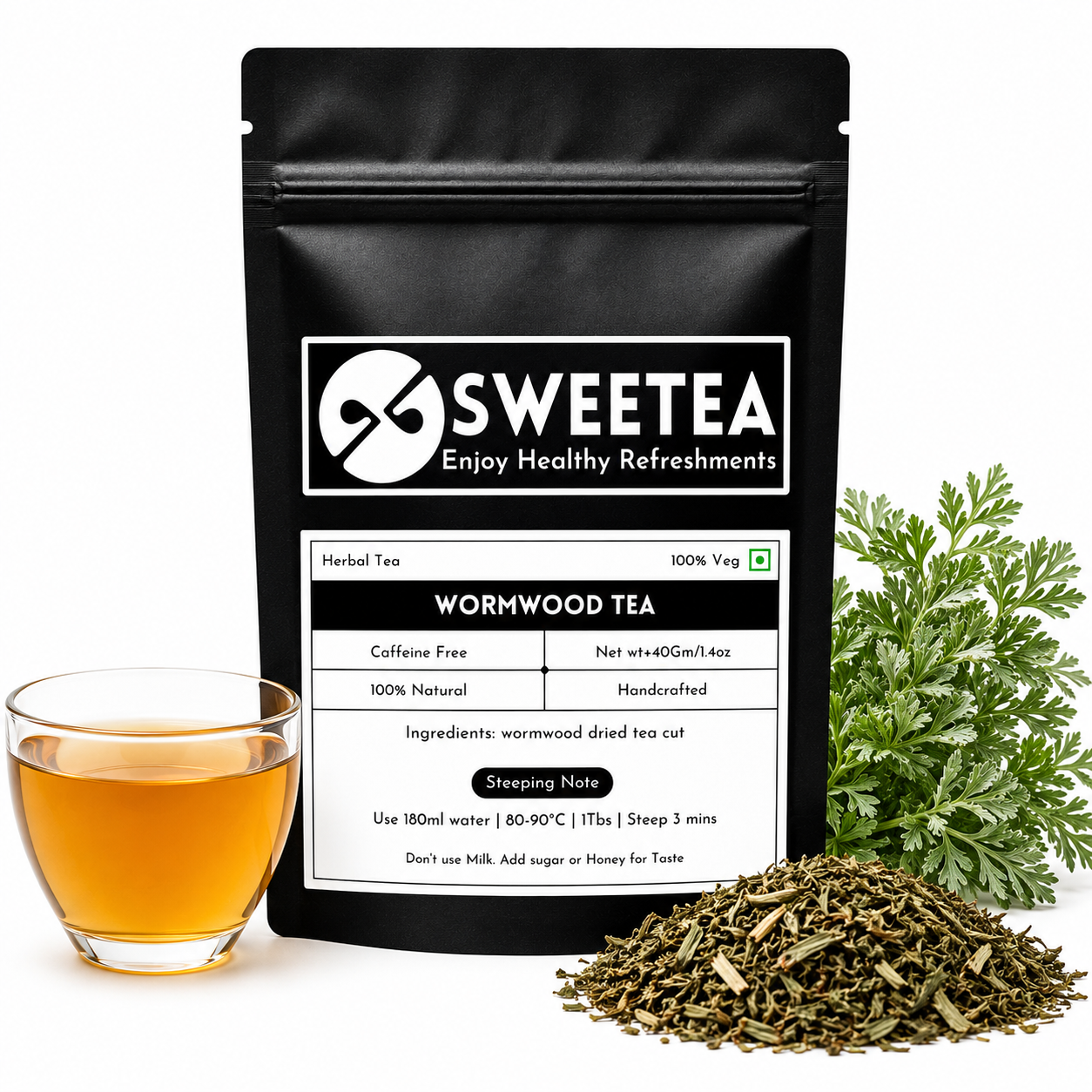 Sweetea Sweetea Wormwood Tea pouch with dried Artemisia absinthium herb and a carefully prepared cup of intensely bitter caffeine-free herbal infusion. pouch with dried Artemisia absinthium herb and a carefully prepared cup of intensely bitter caffeine-free herbal infusion.