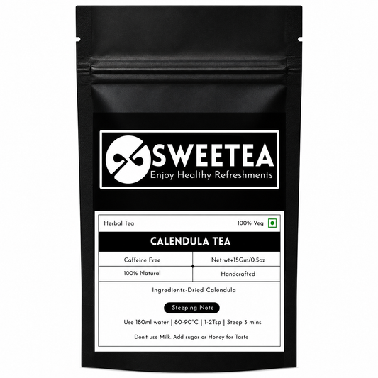 Shop Sweetea Calendula Tea made with premium dried calendula petals. A handcrafted caffeine-free herbal tea traditionally valued for wellness, soothing comfort, and antioxidant-rich herbal refreshment. No preservatives or artificial flavors.