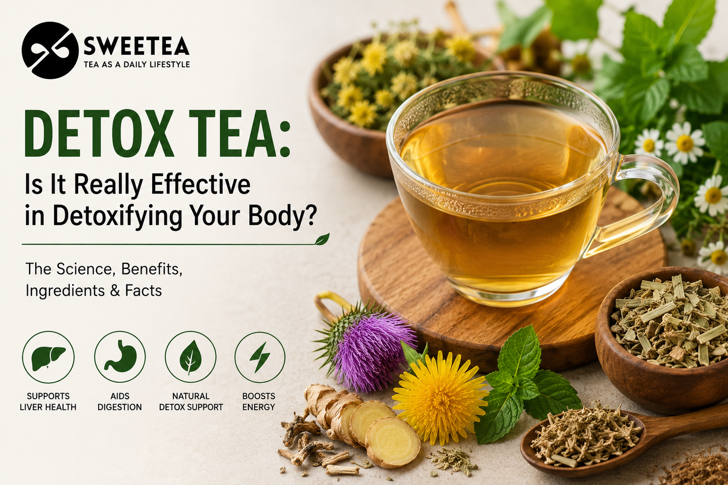 Tea cup with herbs and flowers on a wooden board, promoting detox tea with text about its effectiveness and benefits.