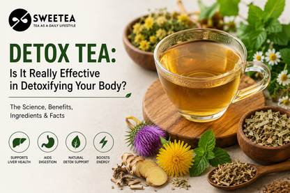 Tea cup with herbs and flowers on a wooden board, promoting detox tea with text about its effectiveness and benefits.