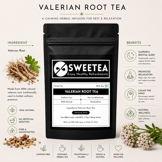 Sweetea Valerian Root Tea herbal wellness packaging with natural valerian root ingredients, relaxation and sleep support benefits, minimalist infographic layout, and black matte tea pouch design