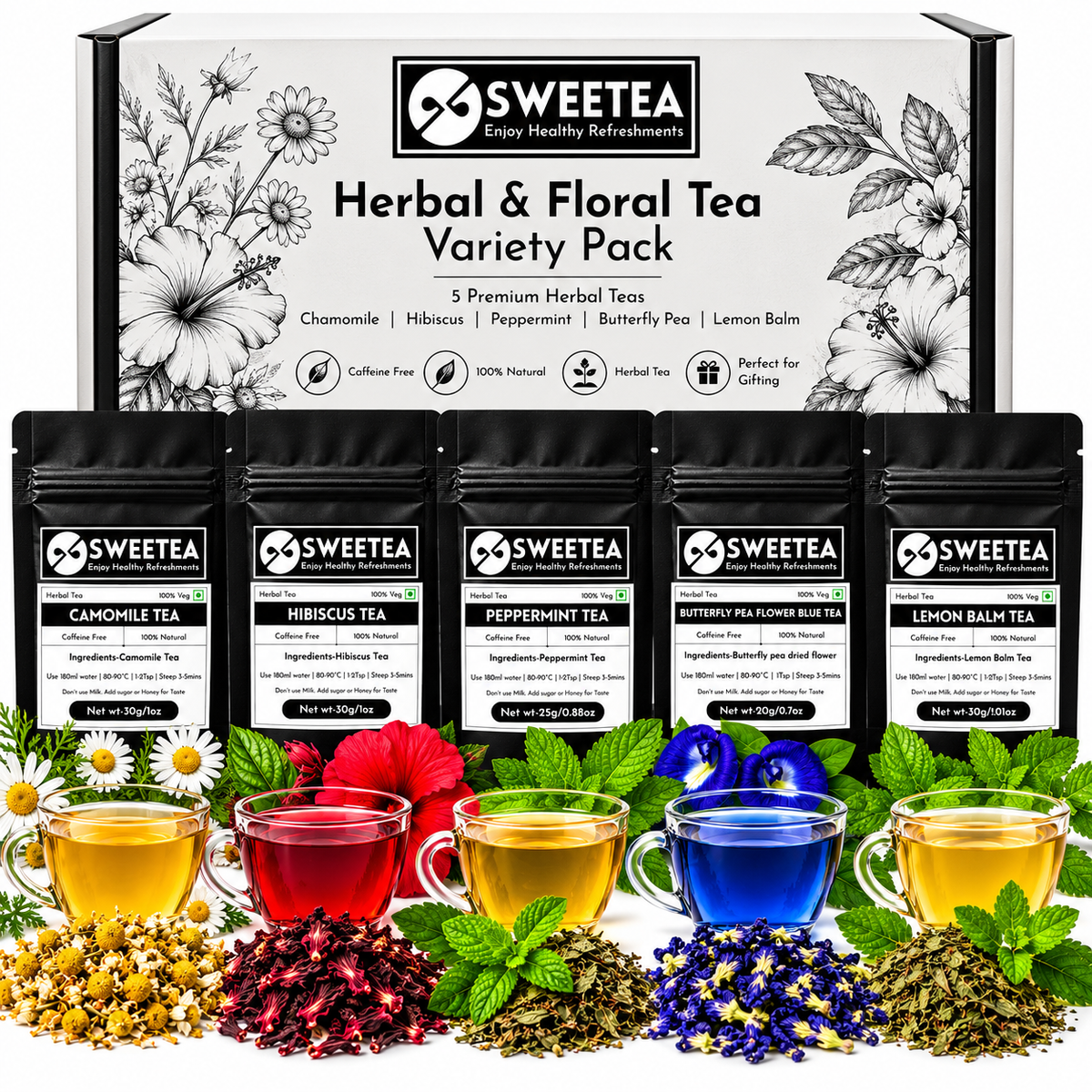 Sweetea Herbal and Floral Tea Variety Pack featuring five black tea pouches of chamomile, hibiscus, peppermint, butterfly pea flower blue tea and lemon balm with brewed tea cups and botanicals.