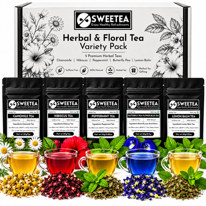 Sweetea Herbal and Floral Tea Variety Pack featuring five black tea pouches of chamomile, hibiscus, peppermint, butterfly pea flower blue tea and lemon balm with brewed tea cups and botanicals.