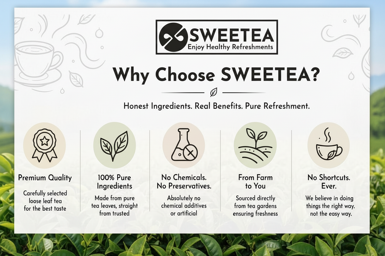 Sweetea promotional graphic with icons and text about tea quality and benefits.