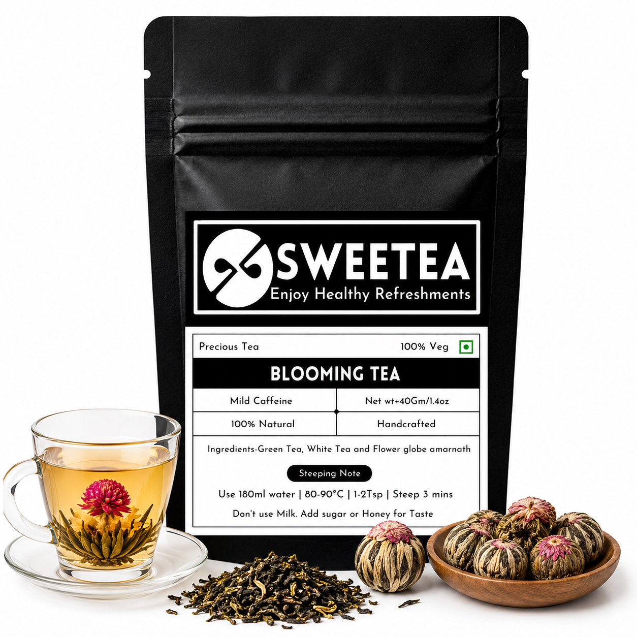 Premium Precious Blooming Tea by Sweetea featuring handcrafted flowering tea that blossoms beautifully in hot water with delicate floral aromas.