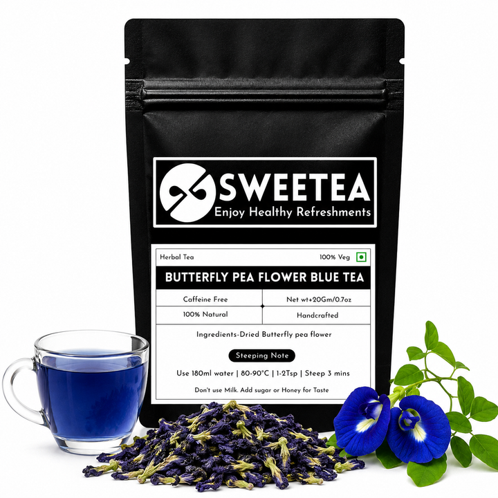 Premium Butterfly Pea Flower Blue Tea by Sweetea made from whole butterfly pea flowers, brewing into a naturally vibrant blue herbal infusion.