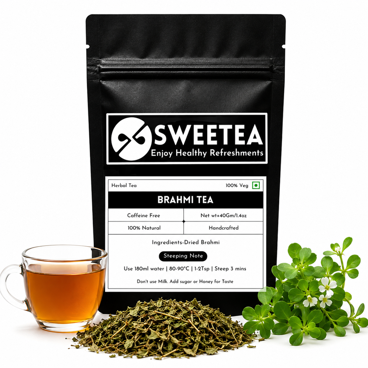 Premium Brahmi Tea by Sweetea featuring carefully selected Brahmi leaves for a naturally refreshing, caffeine-free herbal infusion.