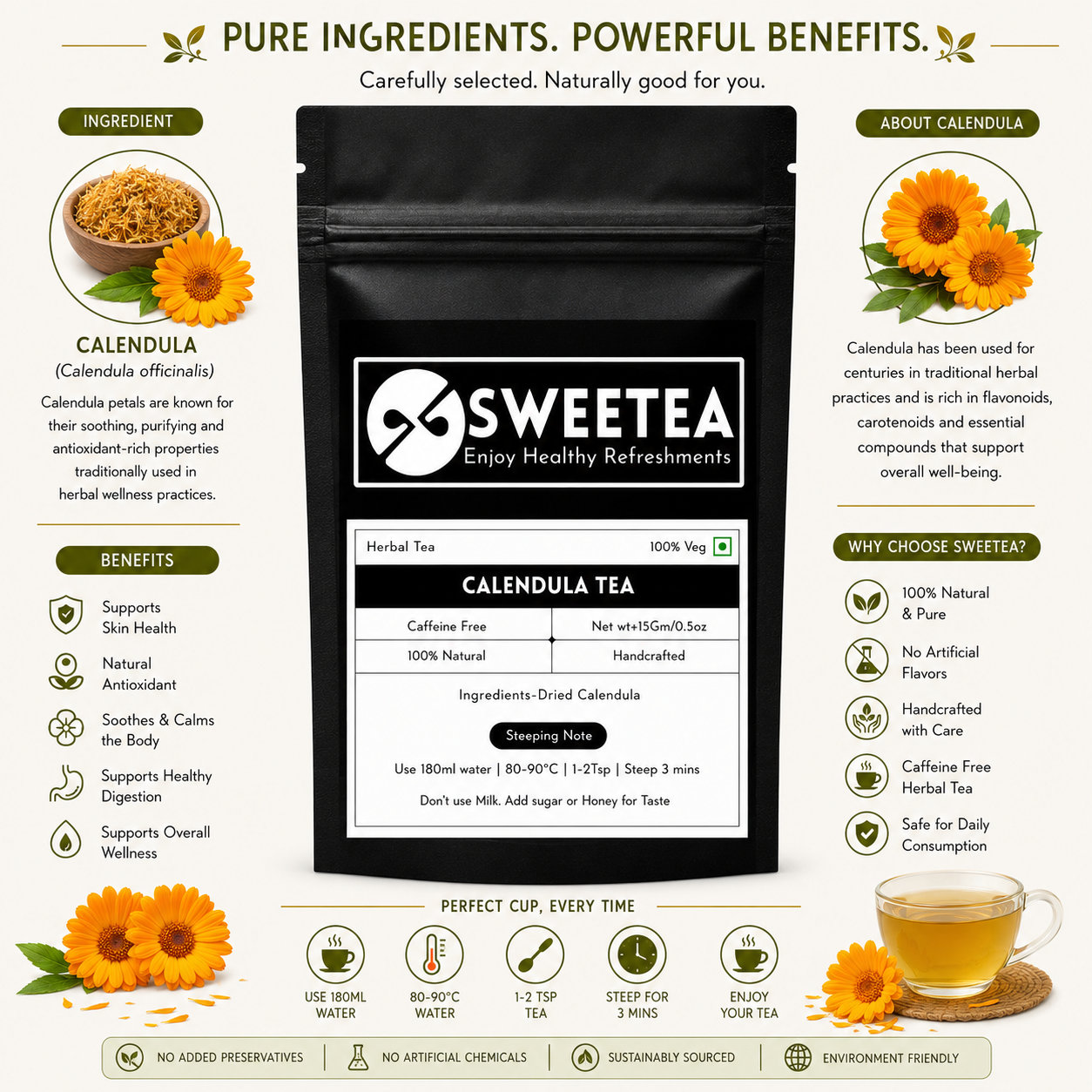 Shop Sweetea Calendula Tea made with premium dried calendula petals. A handcrafted caffeine-free herbal tea traditionally valued for wellness, soothing comfort, and antioxidant-rich herbal refreshment. No preservatives or artificial flavors.