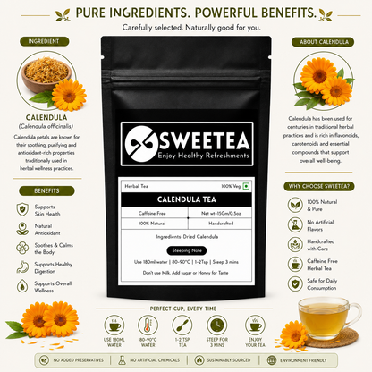 Shop Sweetea Calendula Tea made with premium dried calendula petals. A handcrafted caffeine-free herbal tea traditionally valued for wellness, soothing comfort, and antioxidant-rich herbal refreshment. No preservatives or artificial flavors.