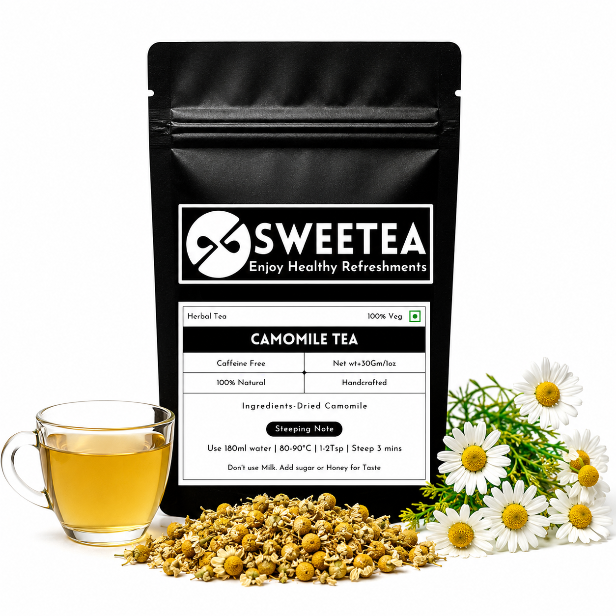 Premium Camomile Tea by Sweetea made from whole camomile flowers for a naturally aromatic, caffeine-free herbal infusion.
