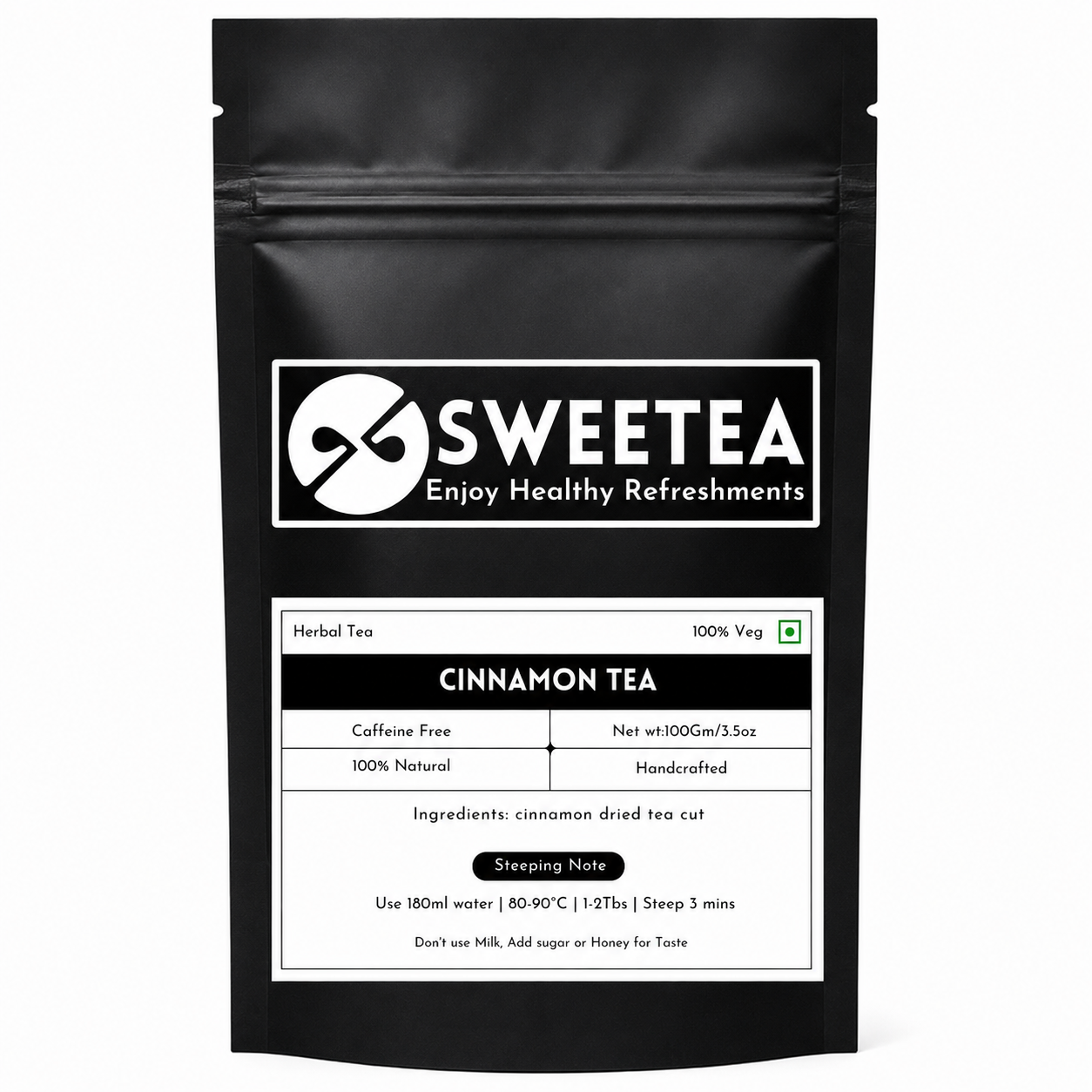 Pure Cinnamon Tea made from premium Cinnamomum verum bark. Naturally caffeine-free herbal tea packed fresh by Sweetea.