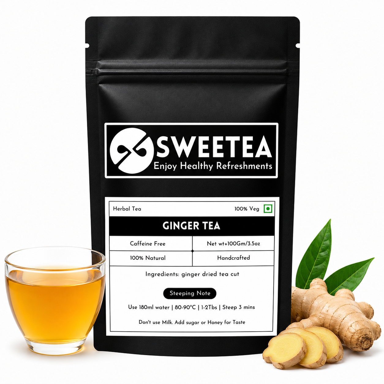 Pure Ginger Tea made from premium Zingiber officinale root. Naturally caffeine-free and packed fresh by Sweetea.