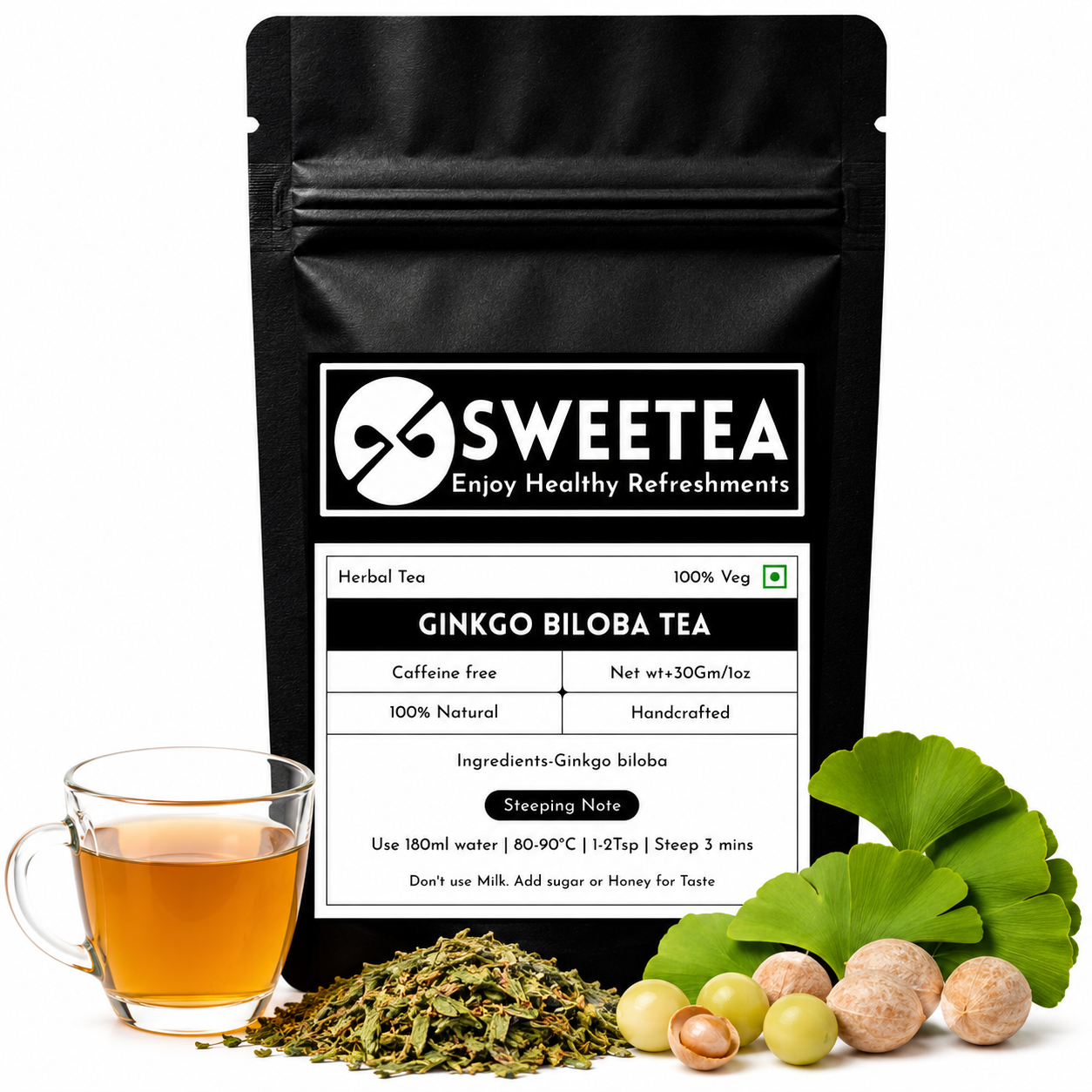 Premium Ginkgo Biloba Tea by Sweetea featuring carefully selected Ginkgo biloba leaves for a naturally refreshing, caffeine-free herbal infusion.