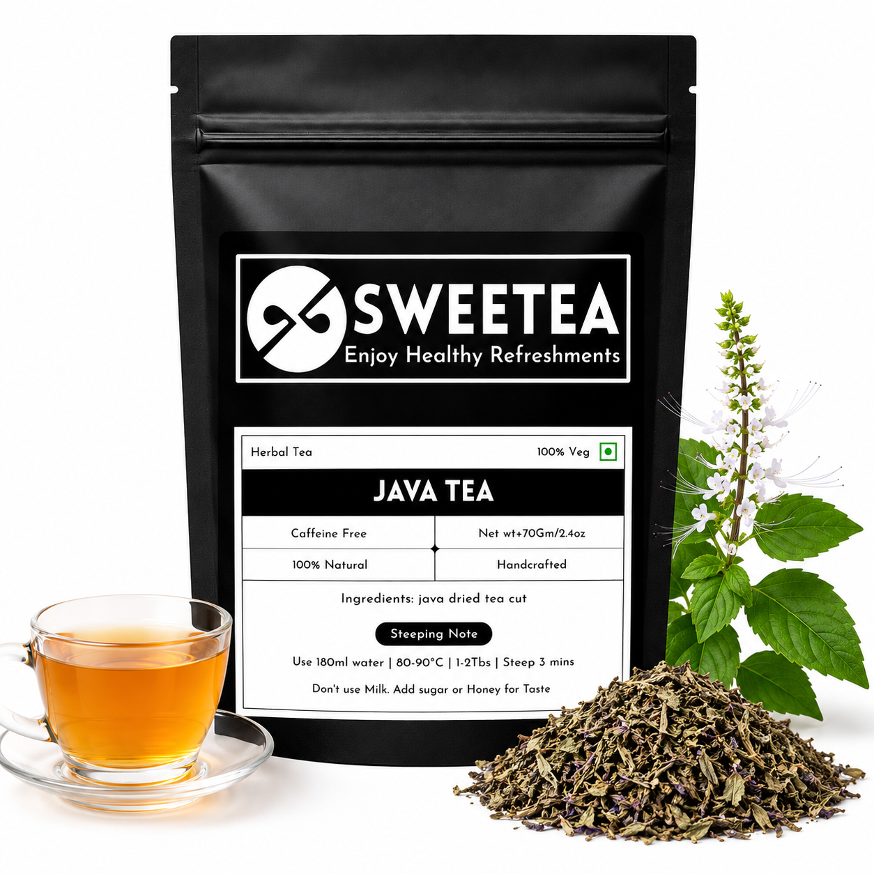 Premium loose Java Tea prepared from carefully selected Orthosiphon stamineus herbs. Naturally caffeine-free and packed fresh by Sweetea.