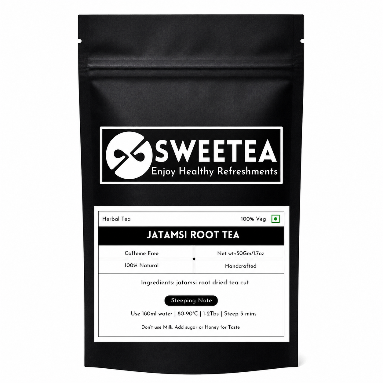 Premium herbal tea made from pure Jatamansi Root (Nardostachys jatamansi), naturally caffeine-free and packed fresh by Sweetea.