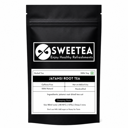 Premium herbal tea made from pure Jatamansi Root (Nardostachys jatamansi), naturally caffeine-free and packed fresh by Sweetea.