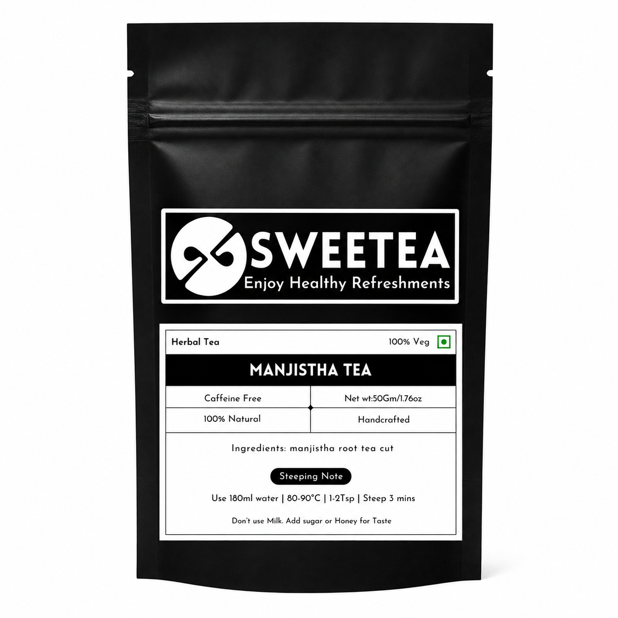 Premium Manjistha Root Tea by Sweetea made from dried Rubia cordifolia roots with a freshly brewed herbal infusion