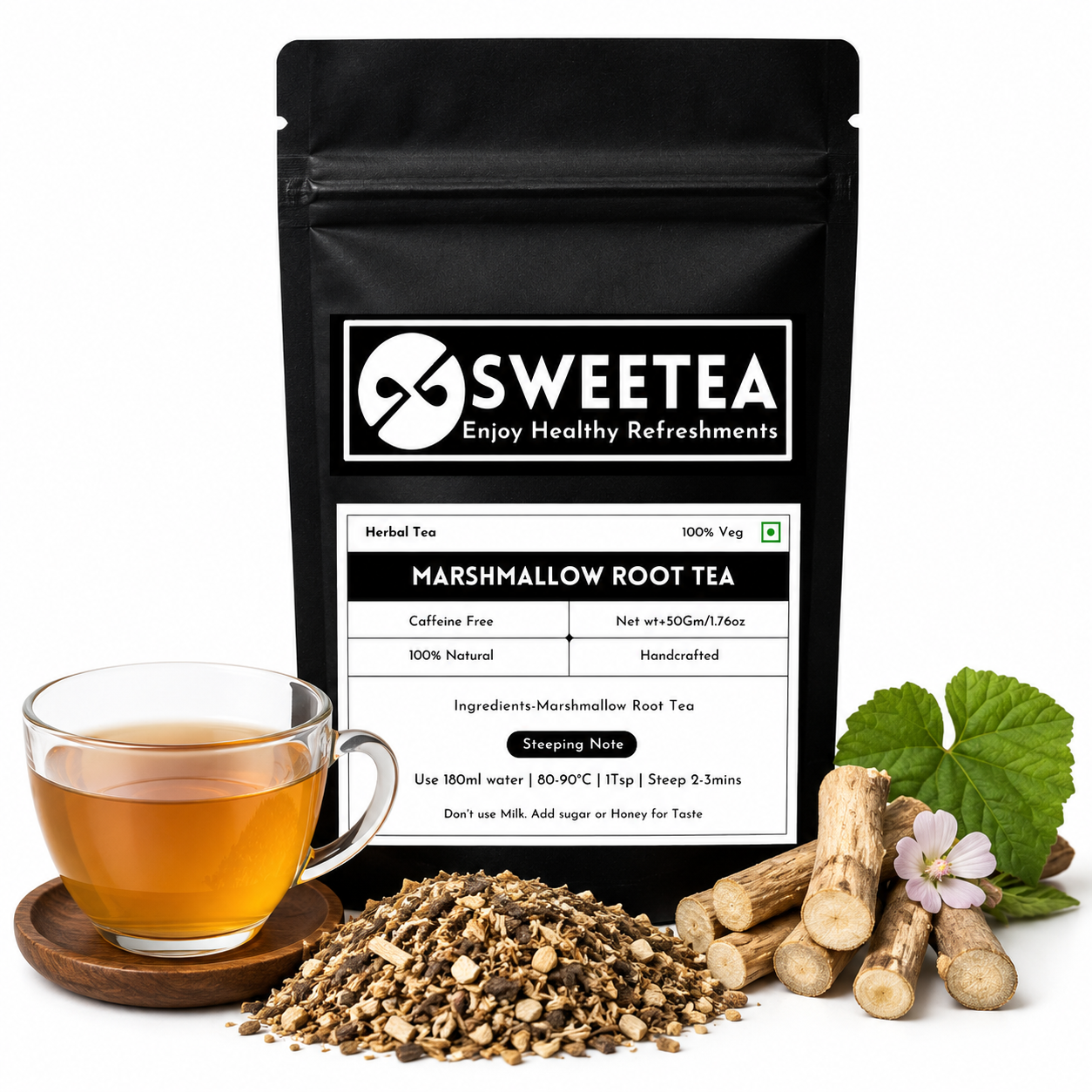Premium Marshmallow Root Tea by Sweetea featuring carefully selected Marshmallow roots for a naturally smooth, caffeine-free herbal infusion.