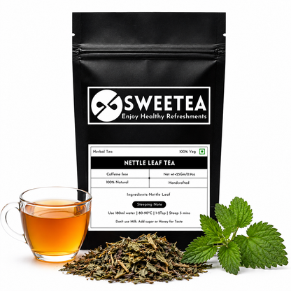 Sweetea Nettle Leaf Tea with dried nettle leaves and brewed caffeine-free herbal infusion