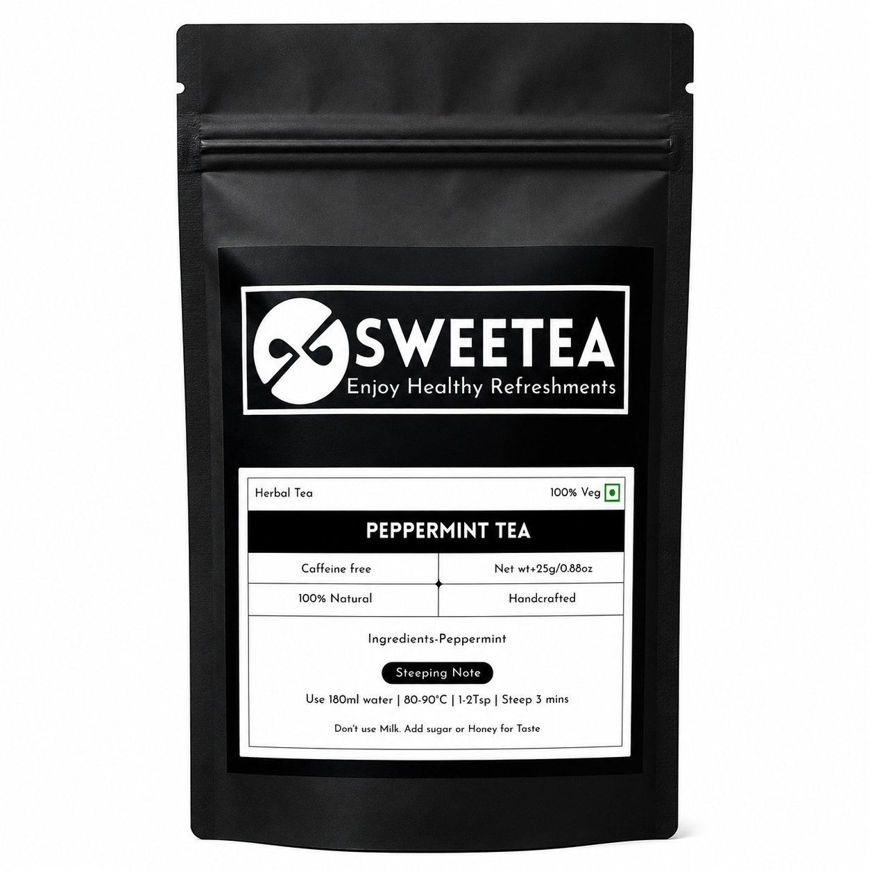 Sweetea Peppermint Tea herbal wellness product with fresh peppermint leaves, ingredient highlights, and digestive wellness benefits in minimalist black and white packaging design
