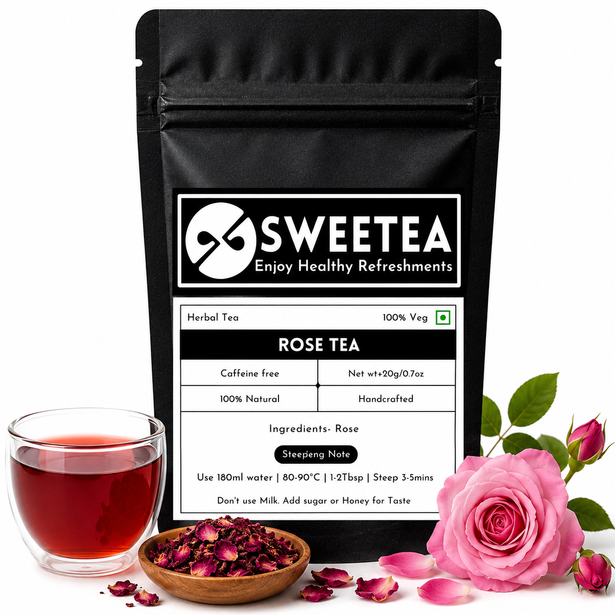 Premium Rose Tea by Sweetea featuring whole dried rose flowers for a naturally fragrant, caffeine-free floral herbal infusion.