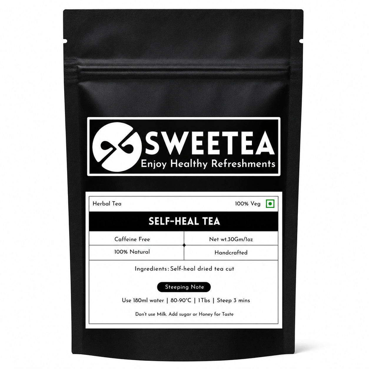 A black stand-up pouch of Sweetea Self-Heal Tea with a white label, shown against a plain white background.